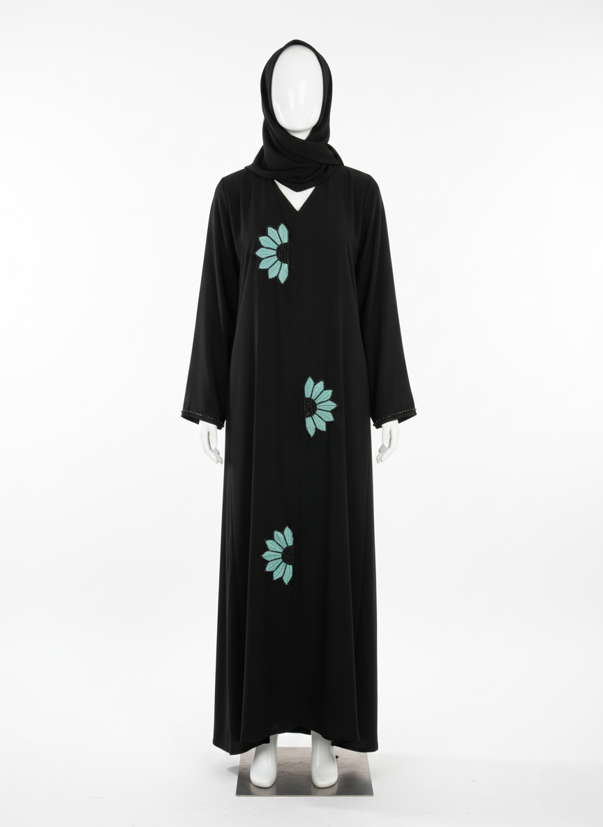Midnight Bloom Green Ribbon Floral Abaya
