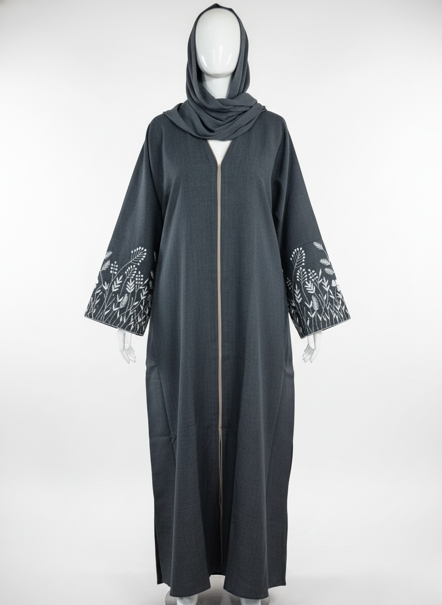 Elegant Dark Gray Embroidered Sleeves Abaya