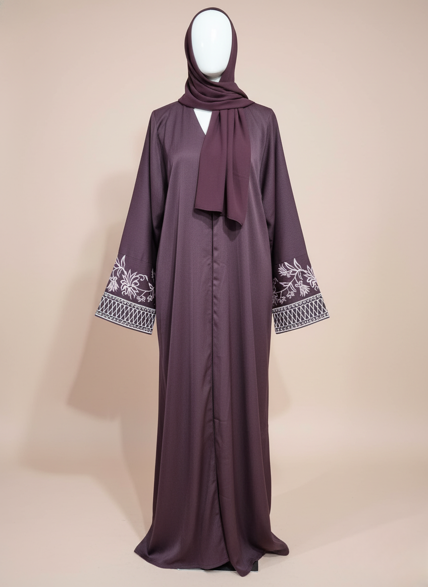 Burgundy Abaya with Embroidered Sleeves