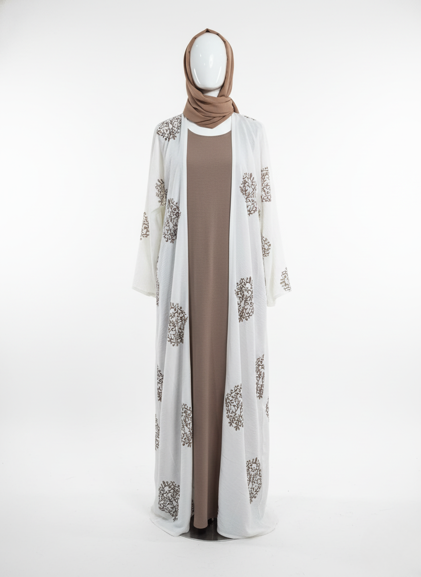 Elegant White and Brown Embroidered Set