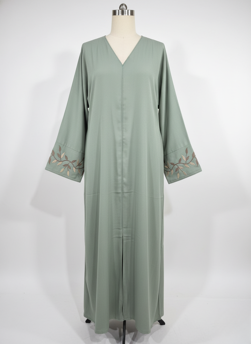 Sage Elegance – Embroidered Sleeves Abaya