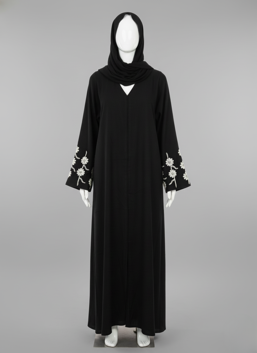 Black Bloom Beaded Sleeves Abaya