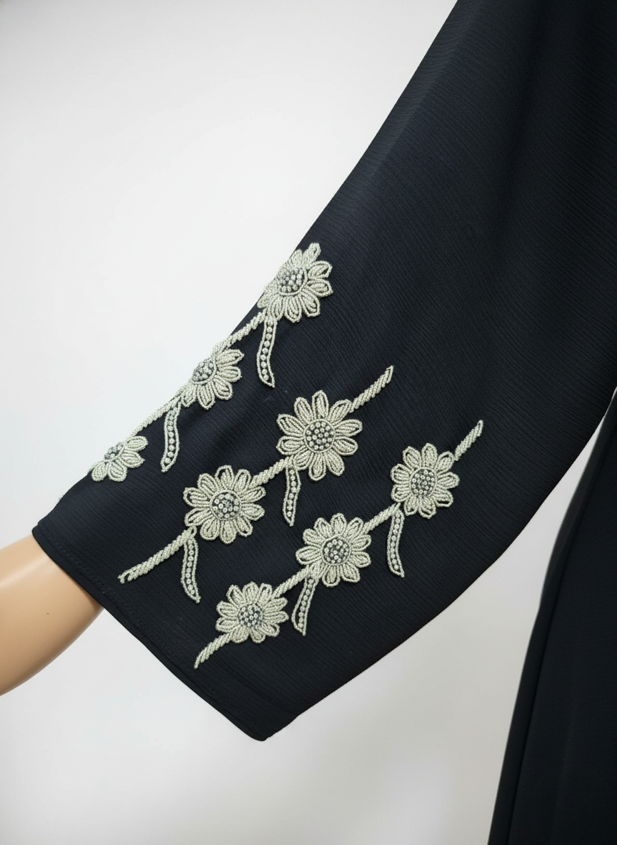 Black Bloom Beaded Sleeves Abaya