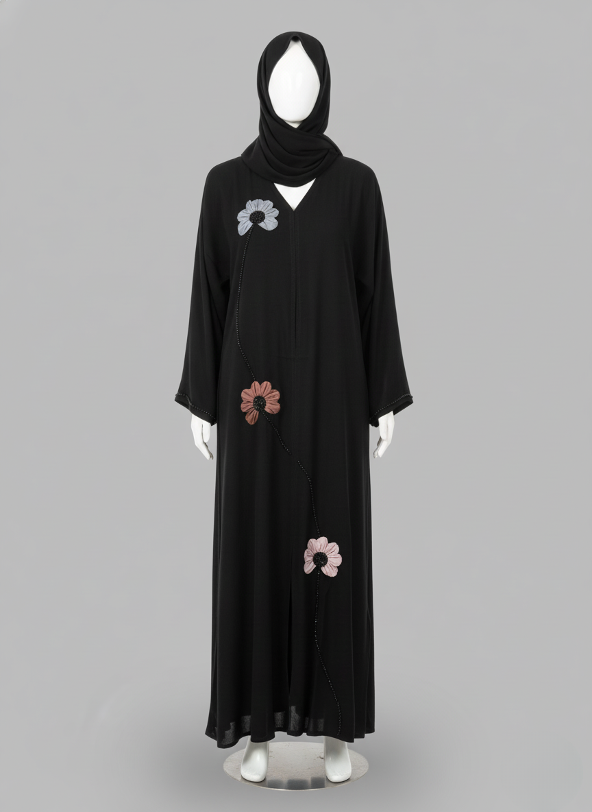 Midnight Bloom Colored Ribbon Floral Abaya