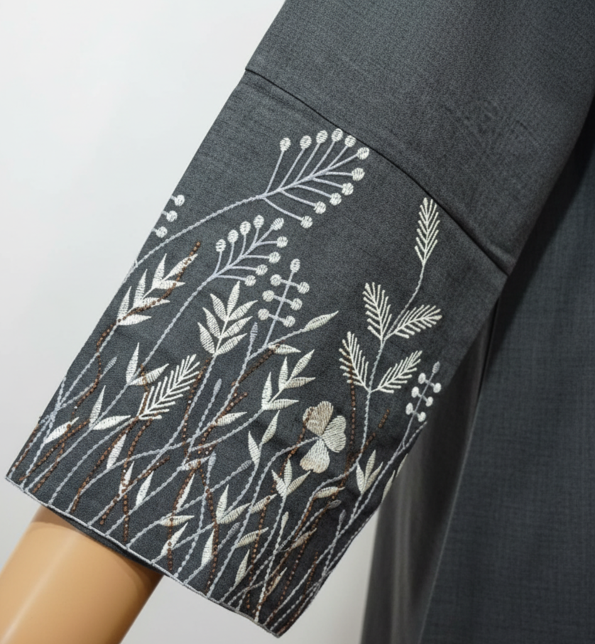 Elegant Dark Gray Embroidered Sleeves Abaya