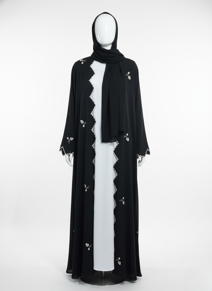 Luxury Black & White Abaya with Mini Floral Embroidery