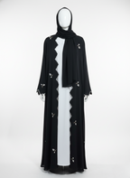 Luxury Black & White Abaya with Mini Floral Embroidery