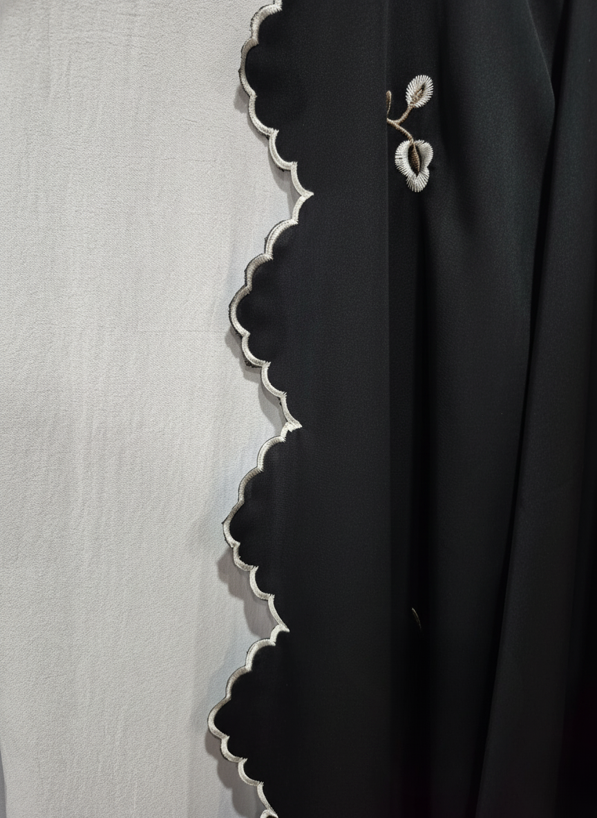 Luxury Black & White Abaya with Mini Floral Embroidery